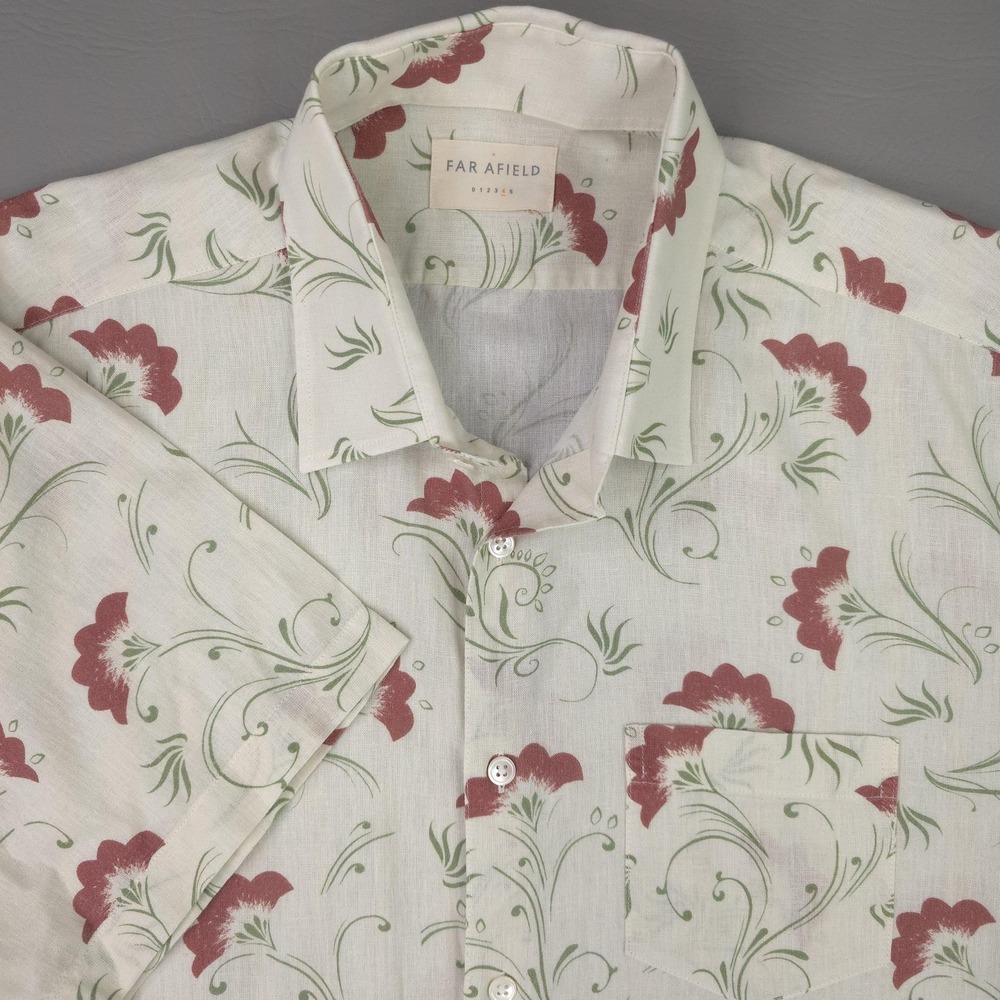 Far Afield Shirt Mens XL Cream Floral Short Sleeve Cotton Linen Button Up Summer